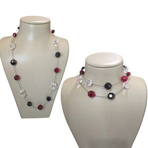 Women's Fashion Gunmetal Beaded Station Necklace, Black, Red, Clear NWOT